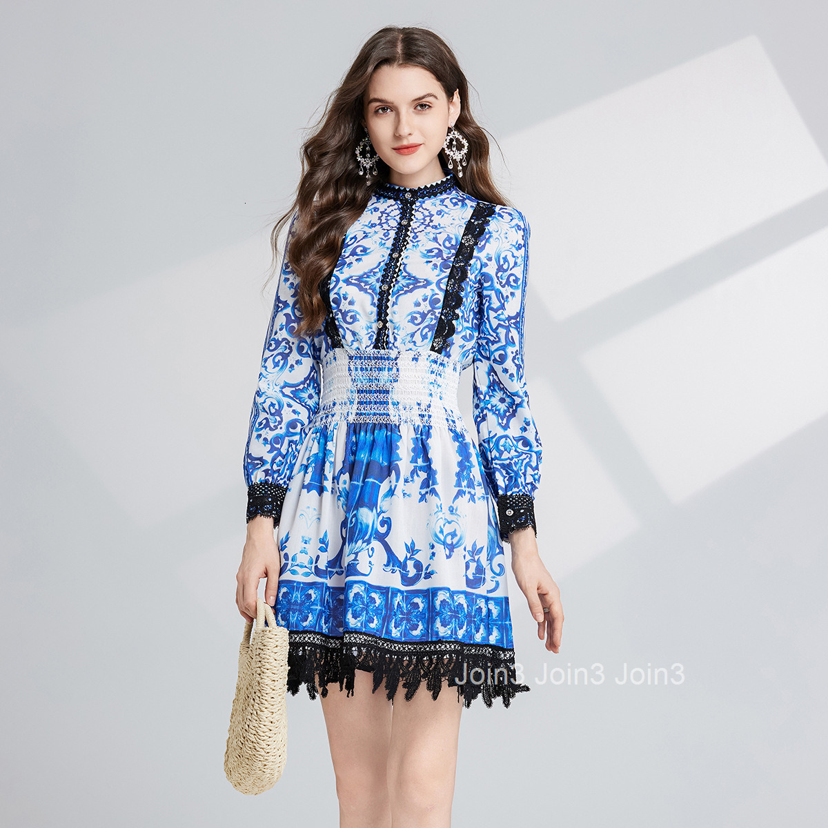 721 Autumn New Womens Clothing Blue and White Porcelain Printed Embroidered Hollow Lace High Waist Long Sleeve Slimming Dress