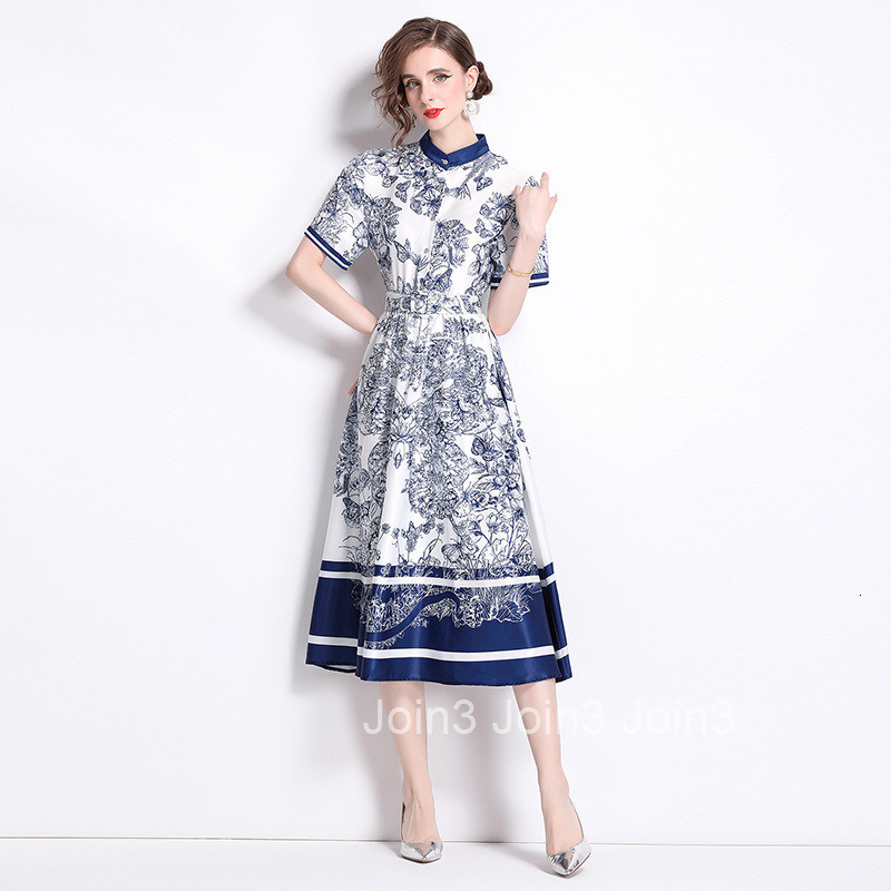 6061 Summer New Womens Fashion Pastoral Style Small Stand Collar Waist-Cinching Flared Printed Dress