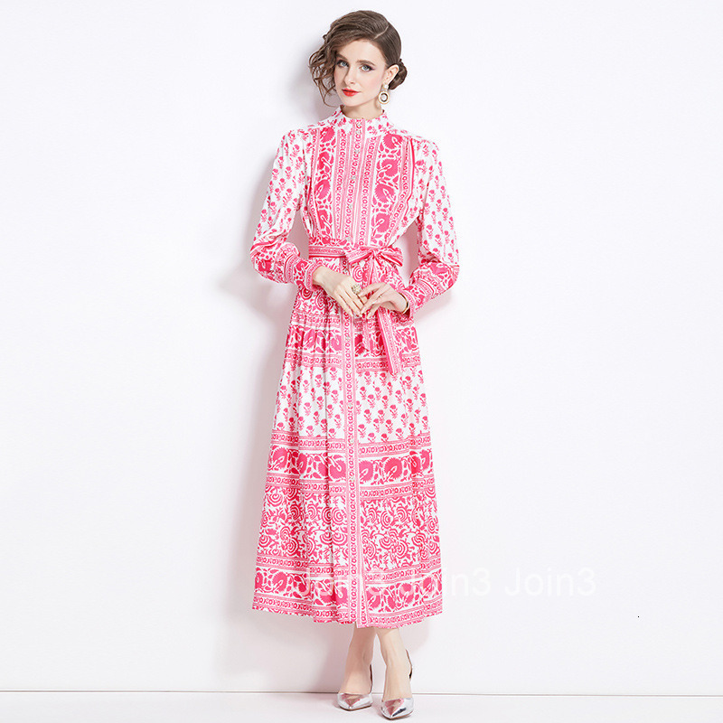 9885 Spring and Autumn New Womens Fashion Elegance Style Stand Collar Single-Breasted Printed Dress