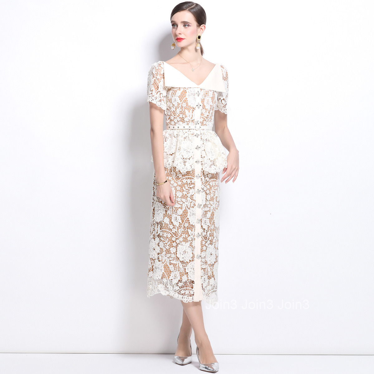 5849 Elegant Large Lapel Short Sleeve Lace Waist Slim Dress with Belt