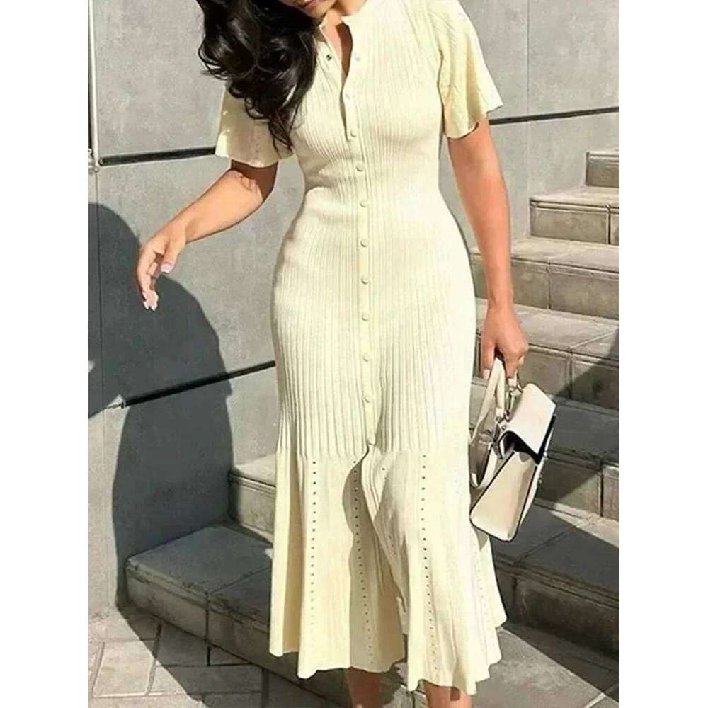 Designer Clothing For Women Slim O Neck Single Breasted Short Sleeve Long 2025 New Female Summer Fashion Lady Robe Elegant Knit Dress Fashion