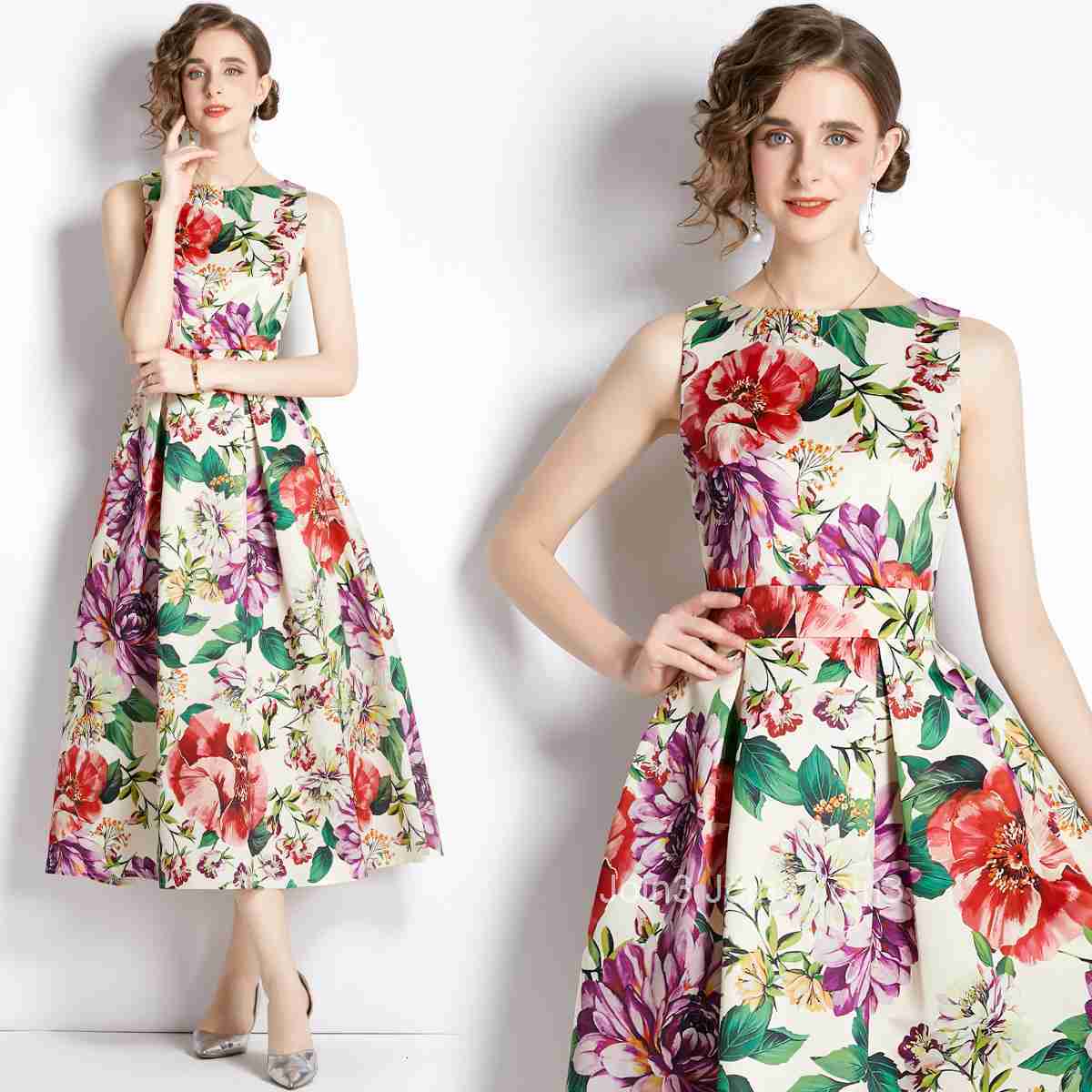 6178 Summer New Womens Printed Sleeveless High Waist Dress with Slim Fit and Wide Waist Large Swing Long Dress