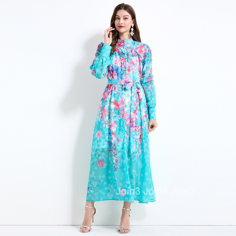 2157 Spring New Womens Fashion Elegant Vacation Style Stand Collar Chiffon Printed Waist-Cinching Long Dress - Two-Piece Set