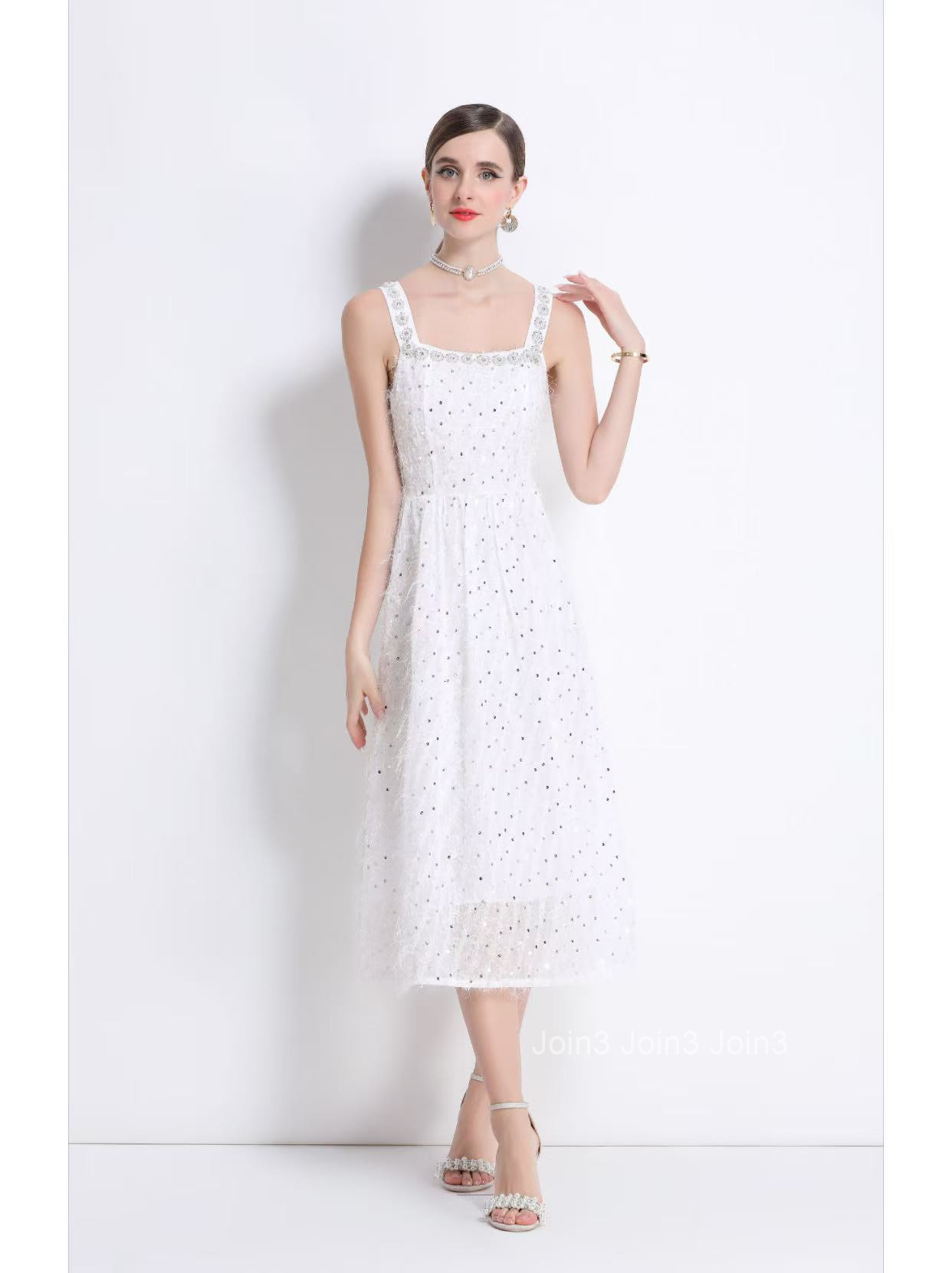 8081 Summer New Womens White Strap Dress Little Gown Elegant Beaded Sequin Fringe Dress