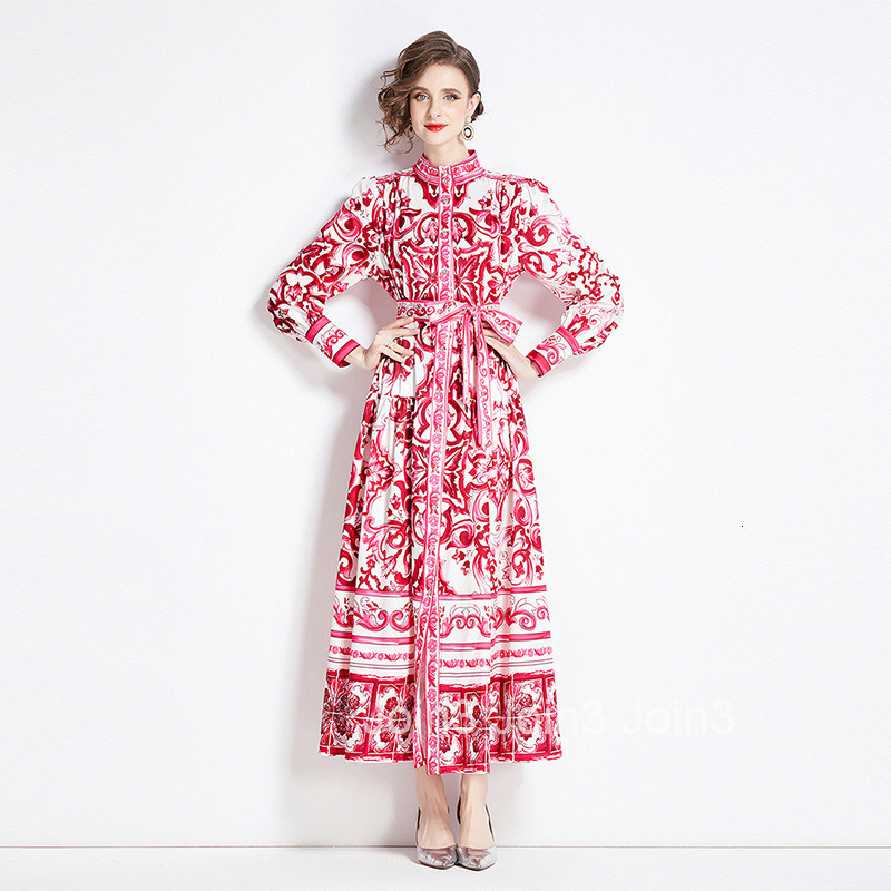 8740 Spring and Autumn New Womens Fashion Style Stand up Collar Single breasted Blue and White Porcelain Printed Long Dress