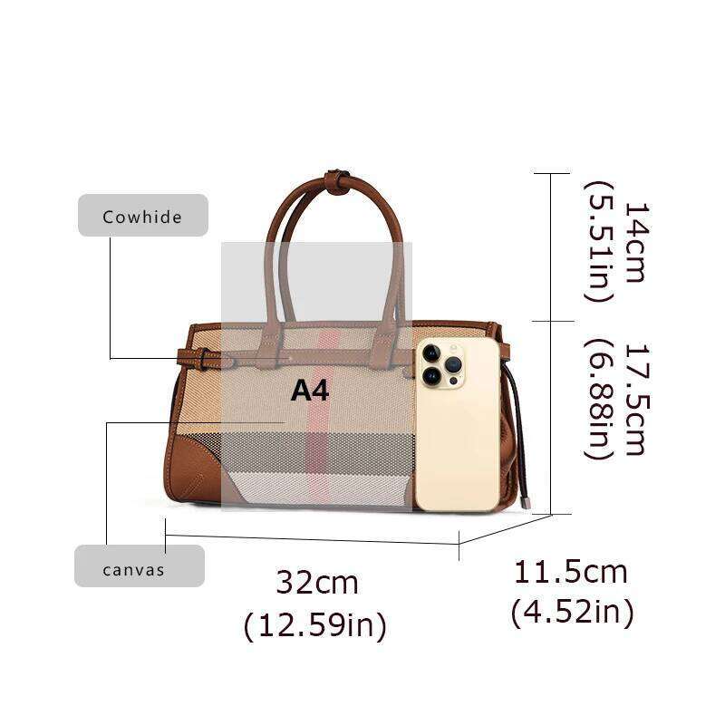 Aidrani Genuine leather women's handbag large capacity plaid canvas splicing cowhide square bag