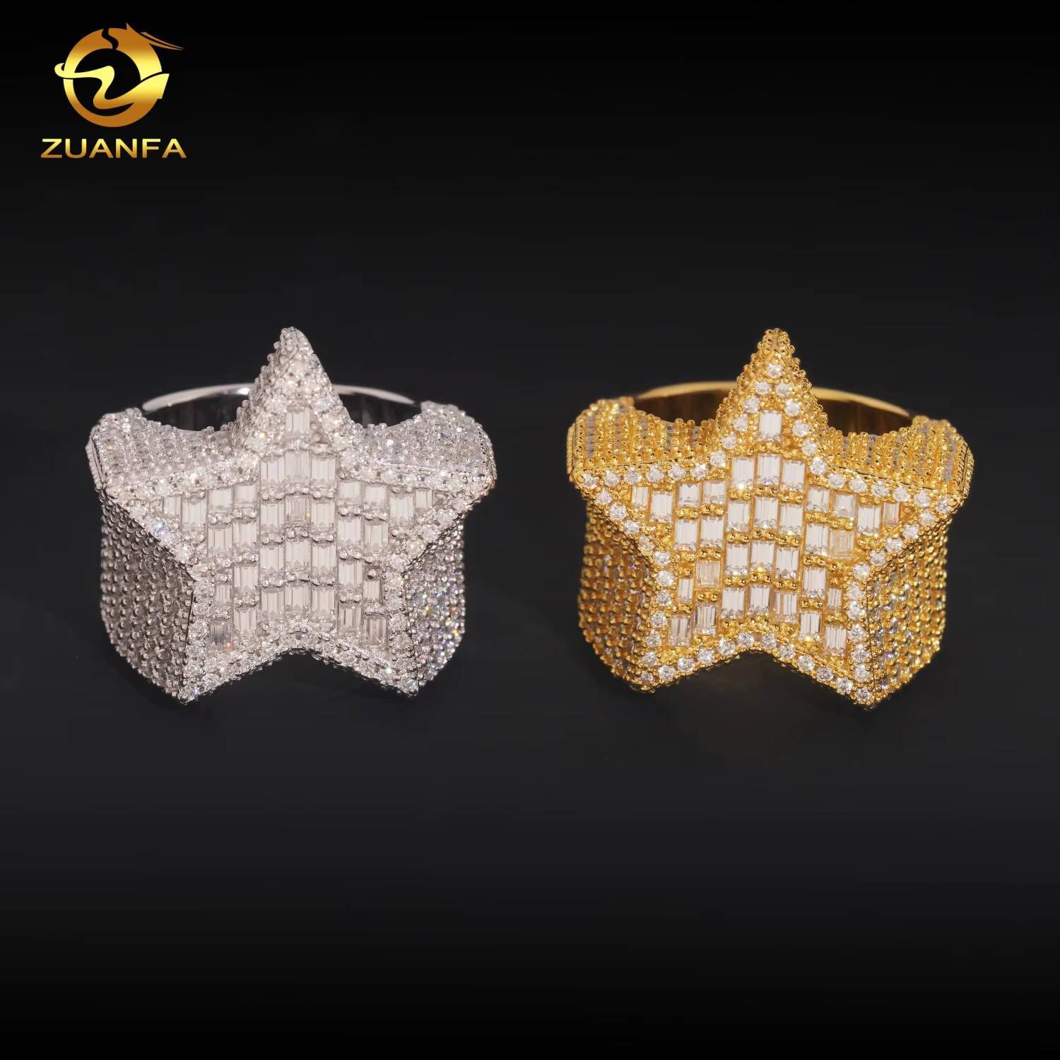 Iced Out Star Shape Design Ring Baguette Hip Hop Rapper Jewelry Full With VVS Moissanite Diamond 925 Silver Men Ring