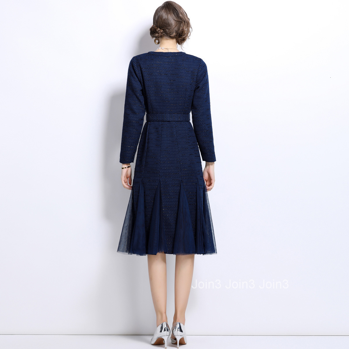 6898 autumn new womens clothing style slim fitting and slimming mesh splicing long sleeved fishtail dress