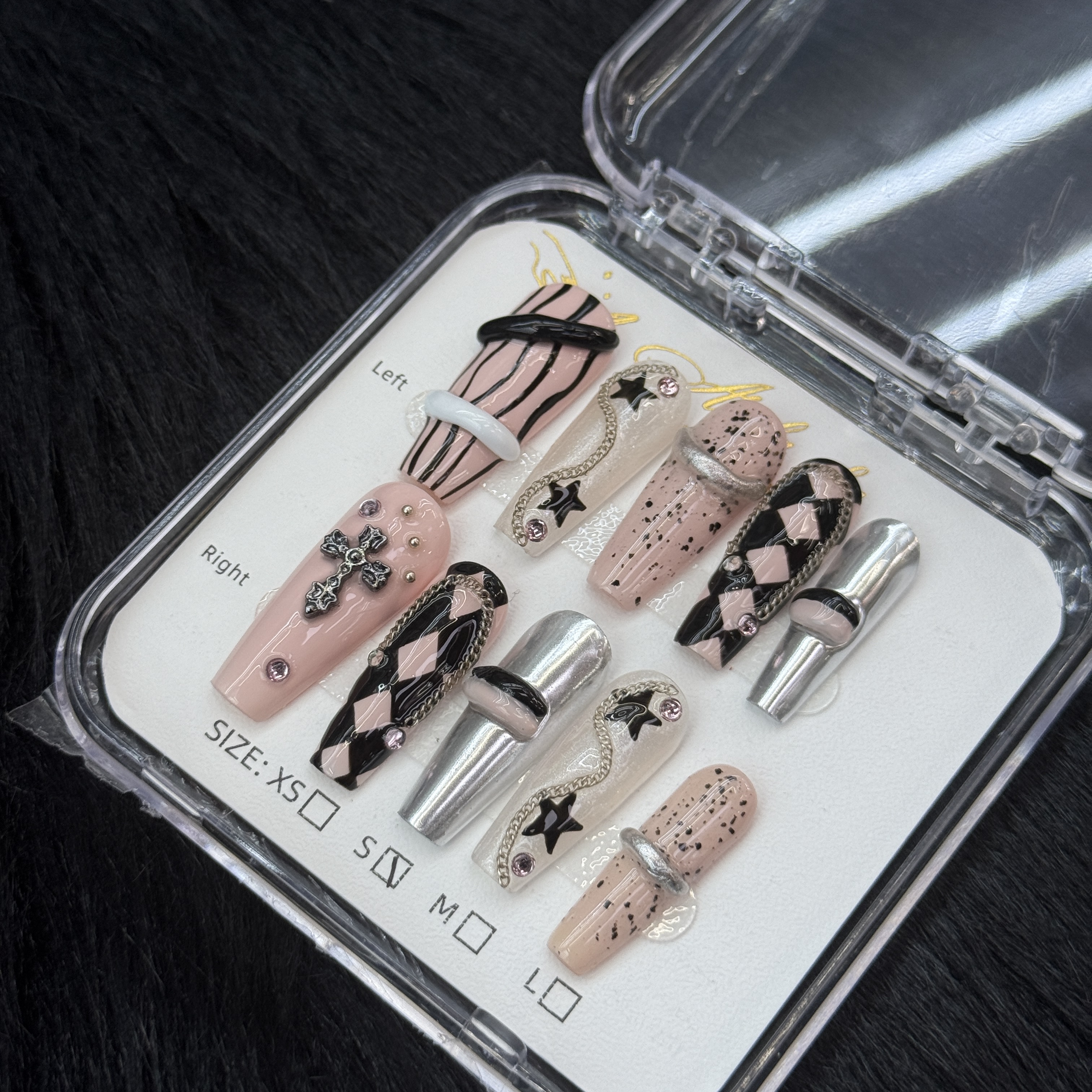 10Pcs Gothic Punk 3D Star Cross Decor Press - on Nails, Pink Black Mixed Stylish Wearable Nails