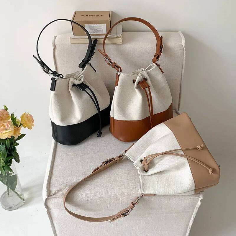 Casual Canvas Bucket Bag For Women Designer Drawstring Handbags Pu Leather Patchwork Shoulder Bags Large Totes