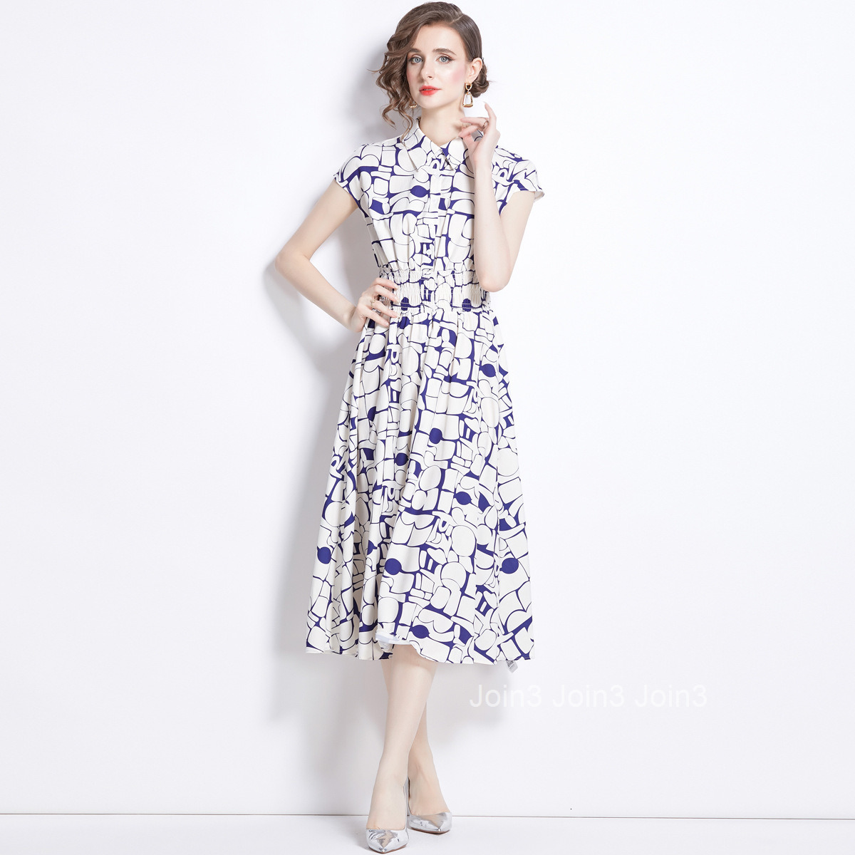 1655 Summer New Womens Fashion Elegant Turn-Down Collar Short Sleeve Ink Print Mid-Length Flared Dress