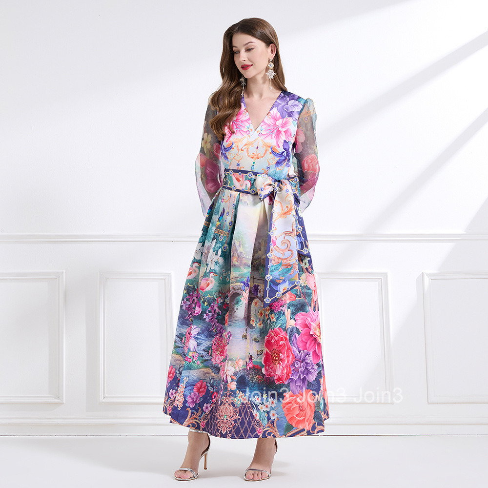 2180 Spring New Womens Vacation Style Tie Wrap Dress Lantern Sleeve Printed Flared Long Dress