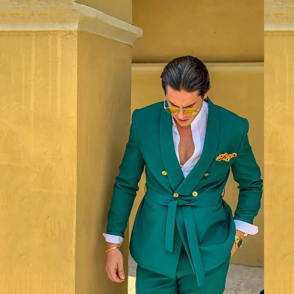 Green Male Suits for Wedding With Belt 2 Pieces Double Breasted Formal Groom Travel Wear JacketPants Costume Homme 250717