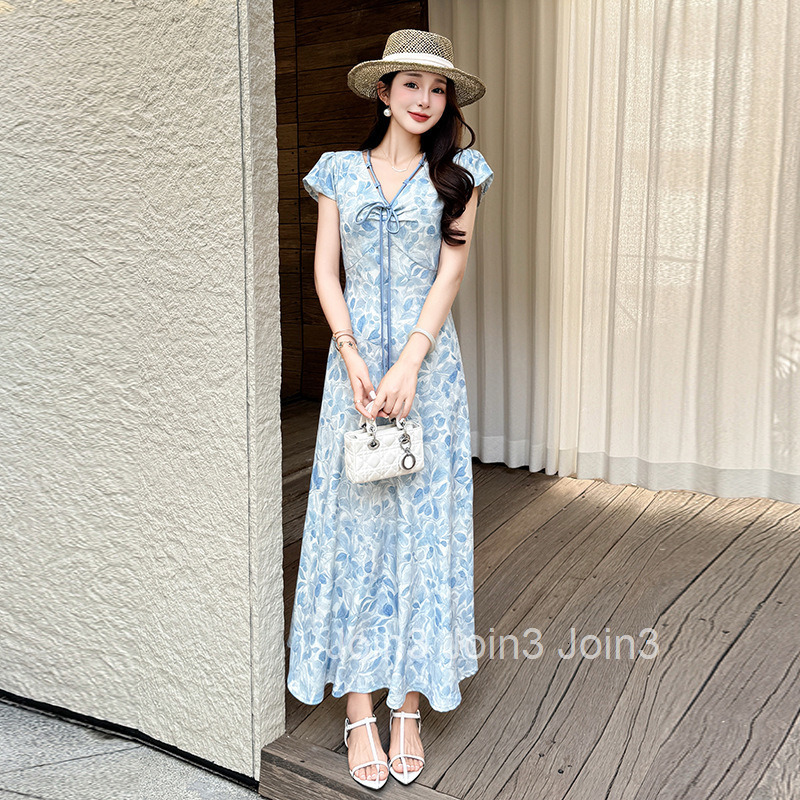Summer Elegant Waist-Cinching Blue Floral French Short Sleeve Dress