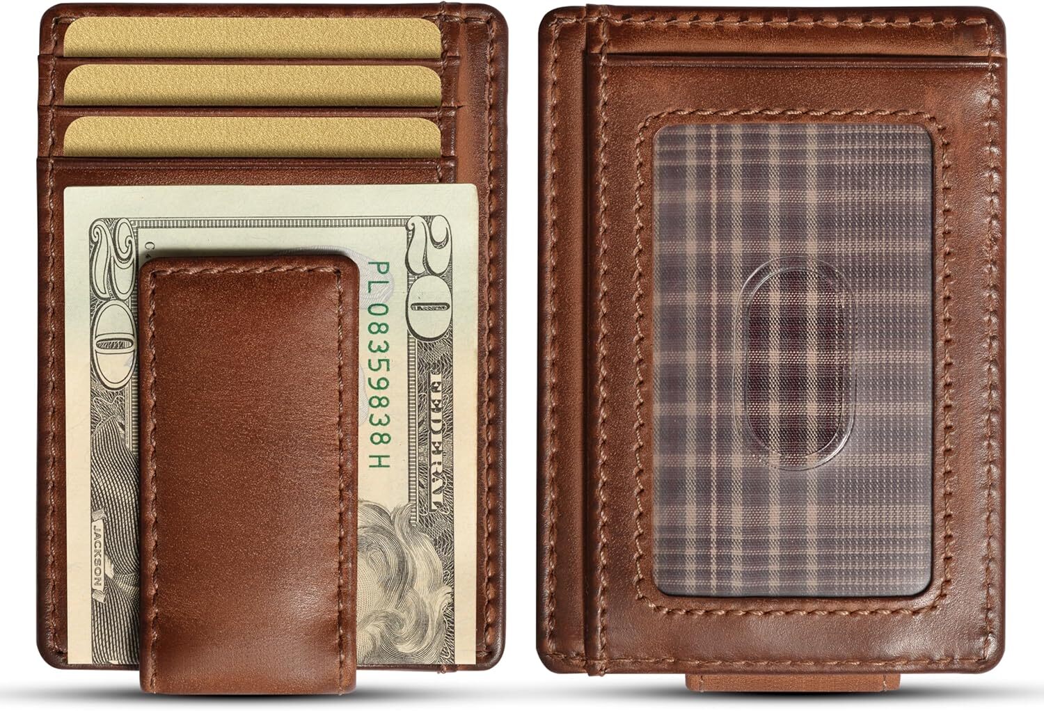 YMX Slim Money Clip for Men, Strong Magnetic Clip, Front Pocket Wallet Card Holder, Full Grain Cowhide Leather,Tan