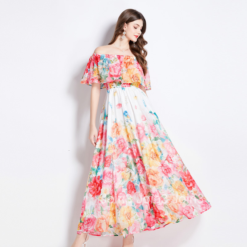 2534 Summer New Ruffled Off-Shoulder Waist-Cinching Flared Beach Dress with Slit Chiffon Long Dress