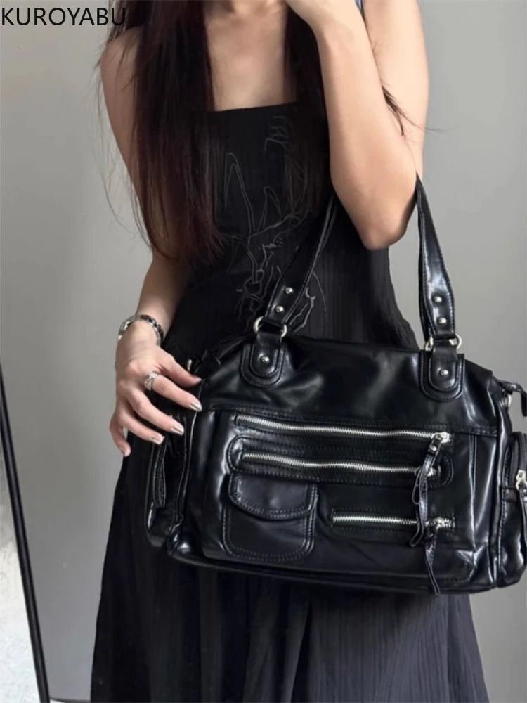 Retro Tote Bag Motorcycle Bag Soft PU Leather Large Capacity Shoulder Bags Women Y2K Punk Zipper Pocket Fashion Crossbody Bag 250715