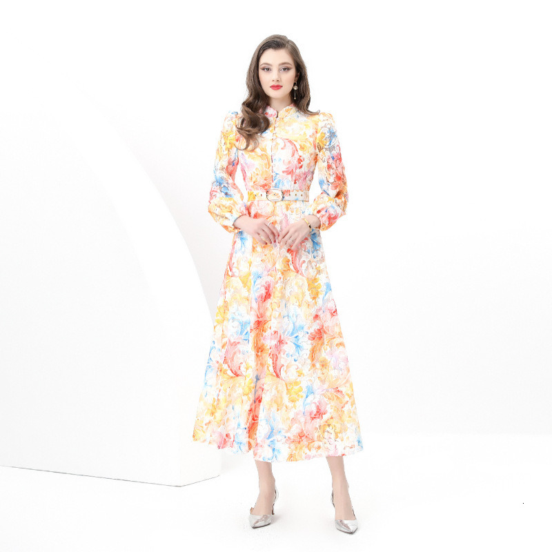 8845 Early Spring New Womens Fashion Elegant Lace Stand Collar Waist Cinching Lantern Sleeve Long Dress Printed Dress