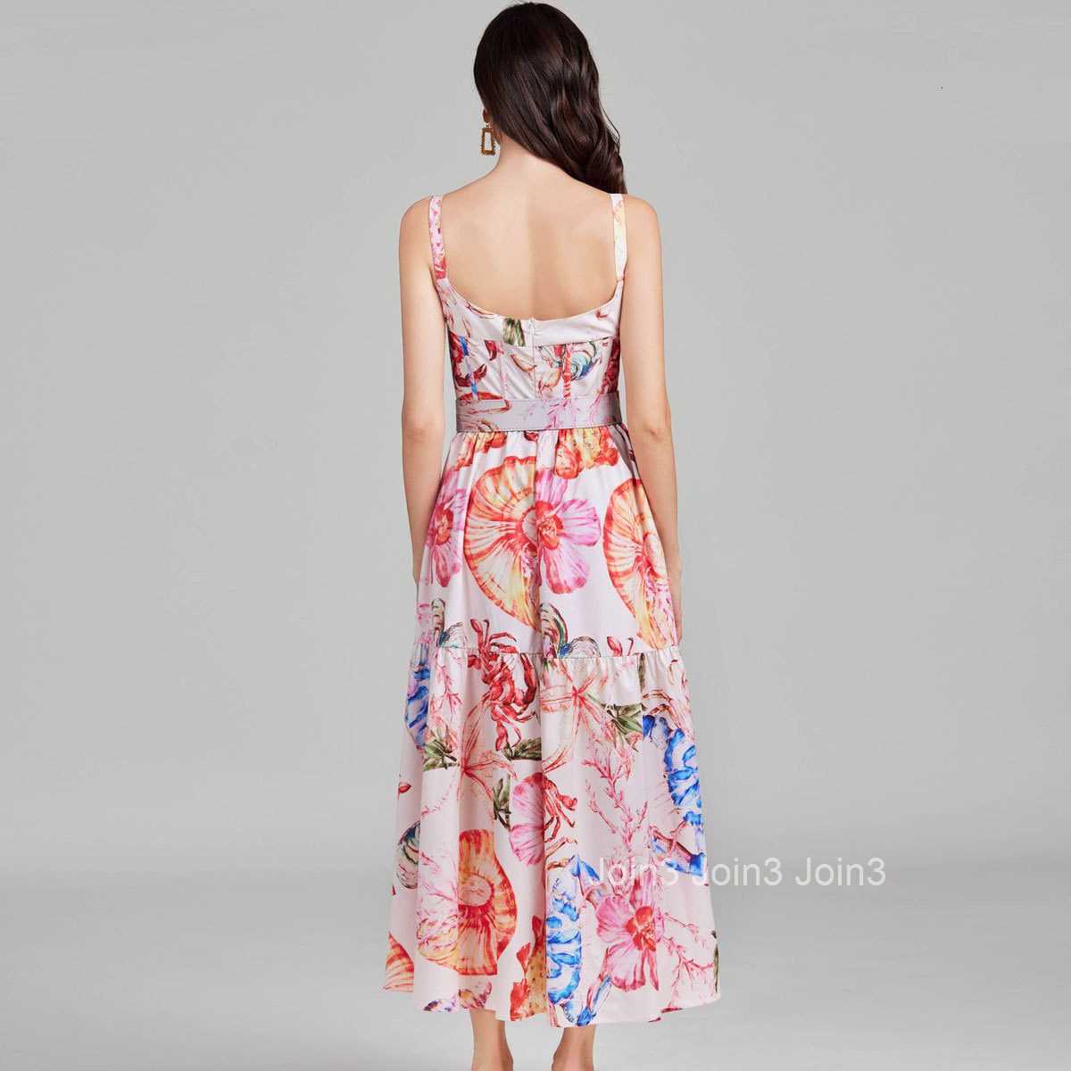 042 summer new womens printed sexy suspender long skirt dress with fishbone slim fit and belt