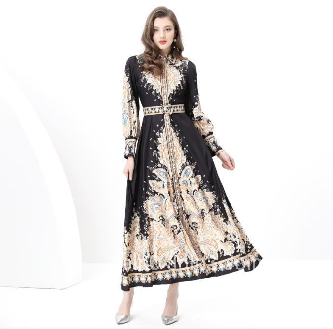8855 Early Spring Elegance Style Turn-Down Collar Long Sleeve Waist-Cinching Wide Hem Printed Long Dress