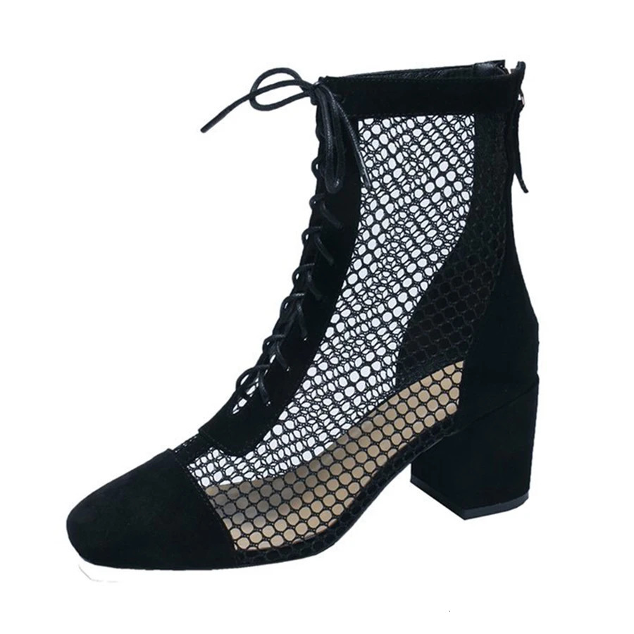 Summer Roman Lace Up Shoes Women Sandals Sexy Mesh Cut-Outs Pointed Toe High Heels Woman Black Kid Suede Ladies Long Short Boots 250714