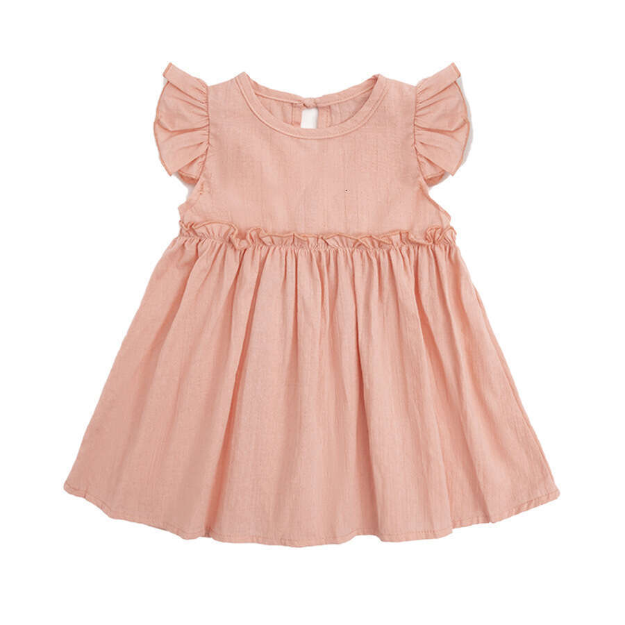 New INS Style Solid Color Cotton Linen Girls' with Flutter Sleeves and Tie Princess Dress Children's Clothing