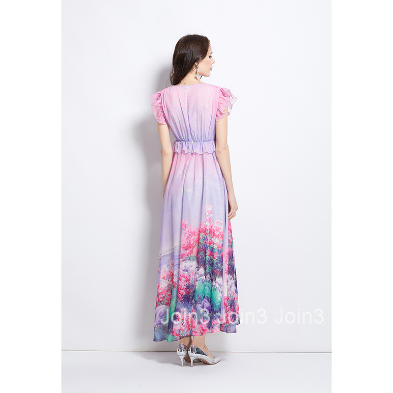 2711 Spring New Floral Small Flutter Sleeve Long Dress