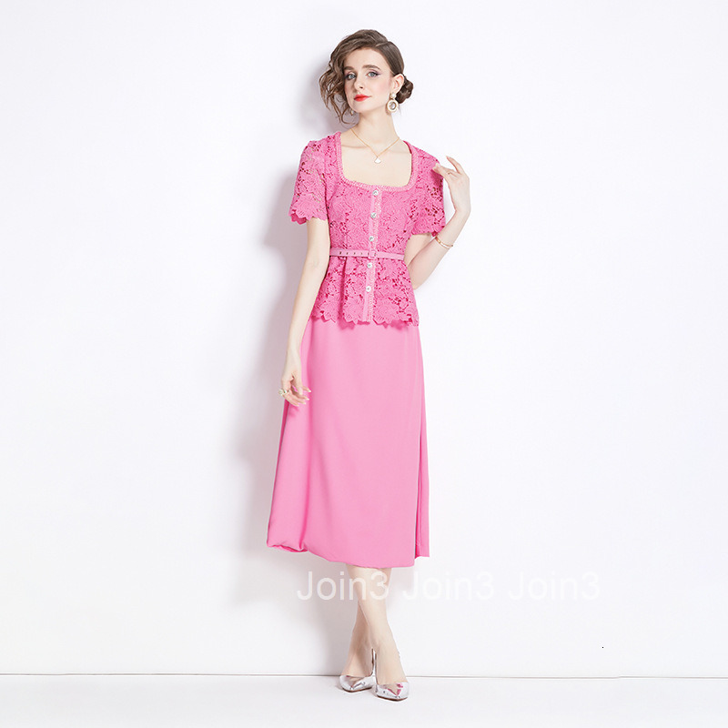 6898 Summer New Womens Fashion Elegant Pink Hollow Lace Patchwork Fake Two-Piece Short Sleeve Long Dress