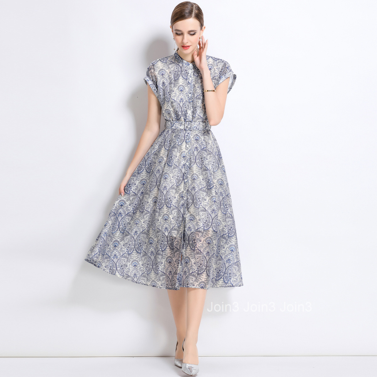 5880 Waist-Cinching Shirt Linen Dress for Women 2025 Summer New Elegant Printed Mid-Length Dress with Lining