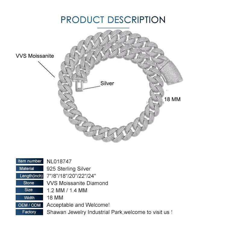 18MM VVS Moissanite Iced Out Diamond Gold Color Chain Necklace 925 Sterling Silver Men Necklace Hiphop Cuban Link Chain