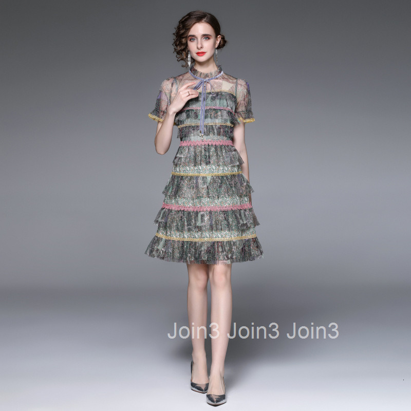 6928 Summer New Printed Mesh Ruffle Lace Edge Tie High Waist Cake Dress