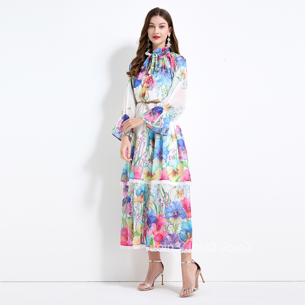 2174 Spring New Womens Clothing Vacation Style Lace Cake Dress Floral Print Waist-Cinching Long Dress - Two-Piece Set