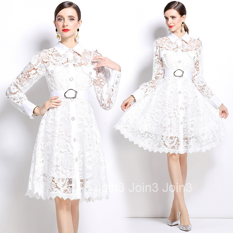 6954 autumn new womens collar hollow hook flower dress with waist cinching temperament long sleeved dress