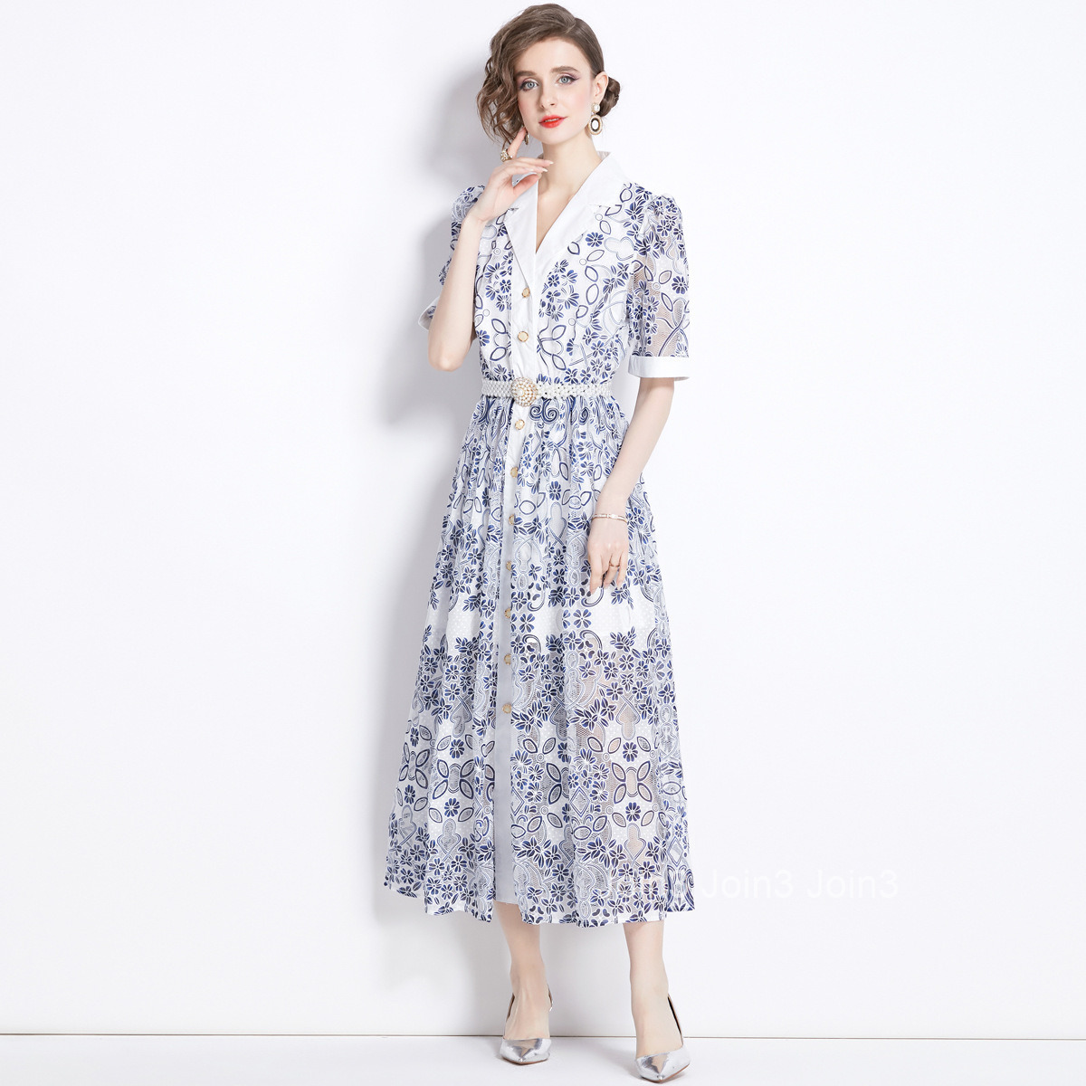 1644 Summer New Womens Casual Collar Single breasted Short sleeved Mesh Hollow Embroidered Dress