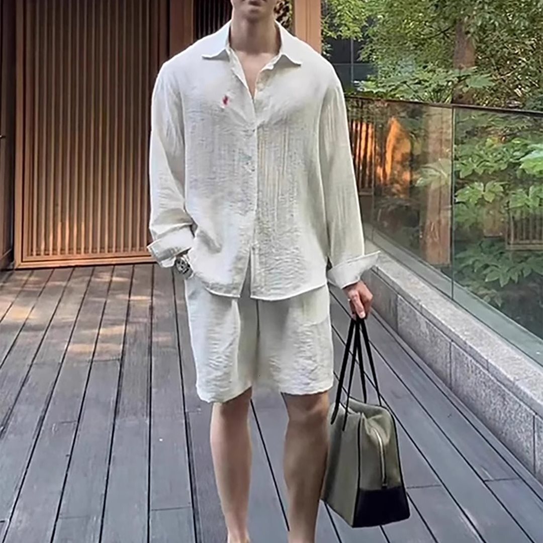 Old Money Style Sun Protection Linen Set for Men Summer Small Horse Logo Embroidered Long Sleeve Loose Lazy Draped Texture Shirt