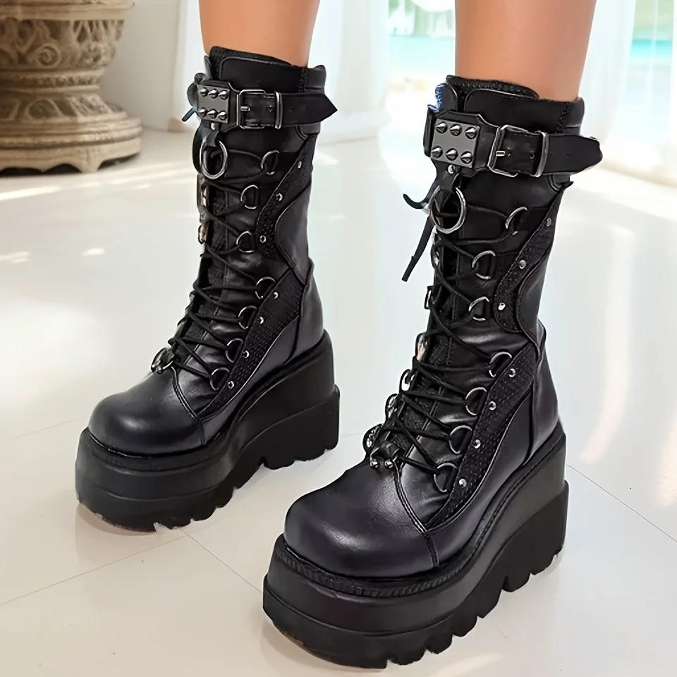 Ladies Goth Platform Boots Fashion Rivet Buckle Punk Wedges High Heels womens Boots Party Street Cosplay Woman Shoes 250714