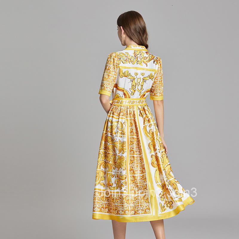 632 Summer New Product Positioning Printed Collar Strap Waist Shirt Dress Large Swing A-line Skirt