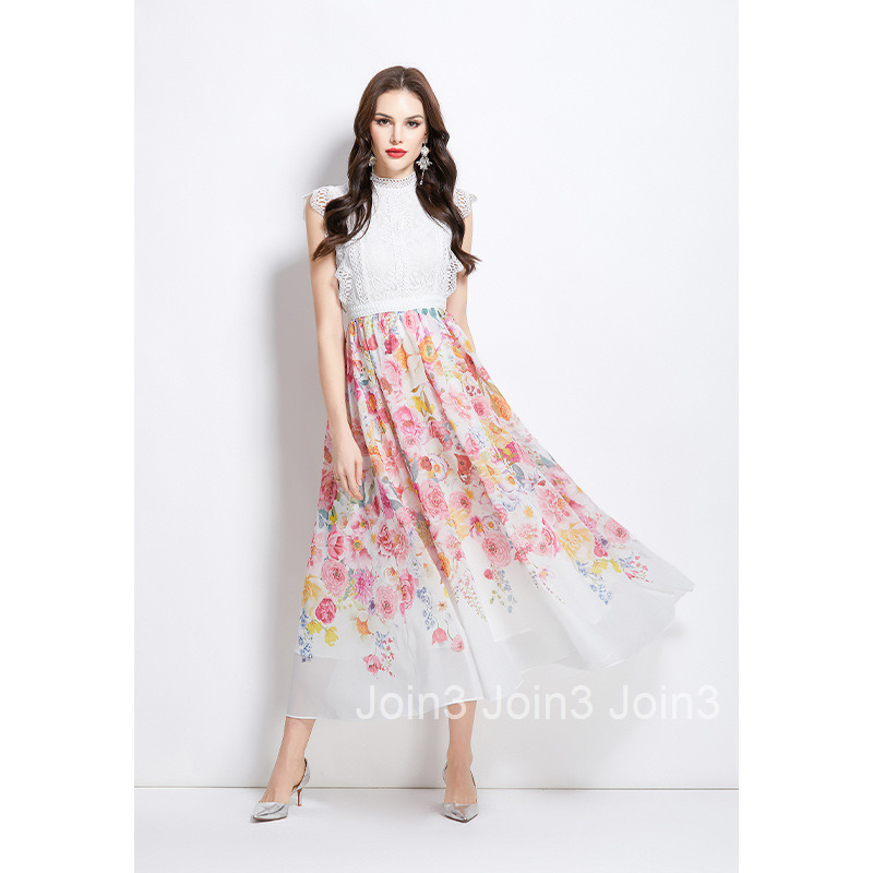 2725 Spring Summer Vacation New Style Painted Oil Painting Style Lace Stitching Long Dress