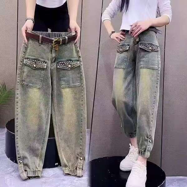 2024 Jeans Spring Loose New High Waist Slim Fashion Plus Size Nine Points Jogger Harem Dad Pants