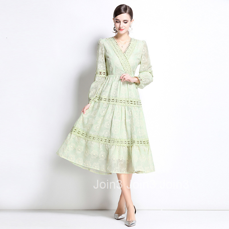 6970 Spring New Heavy Embroidery Hollow Out Button Slim Fit Mid-Length Lantern Sleeve Gown Elegance Style Dress
