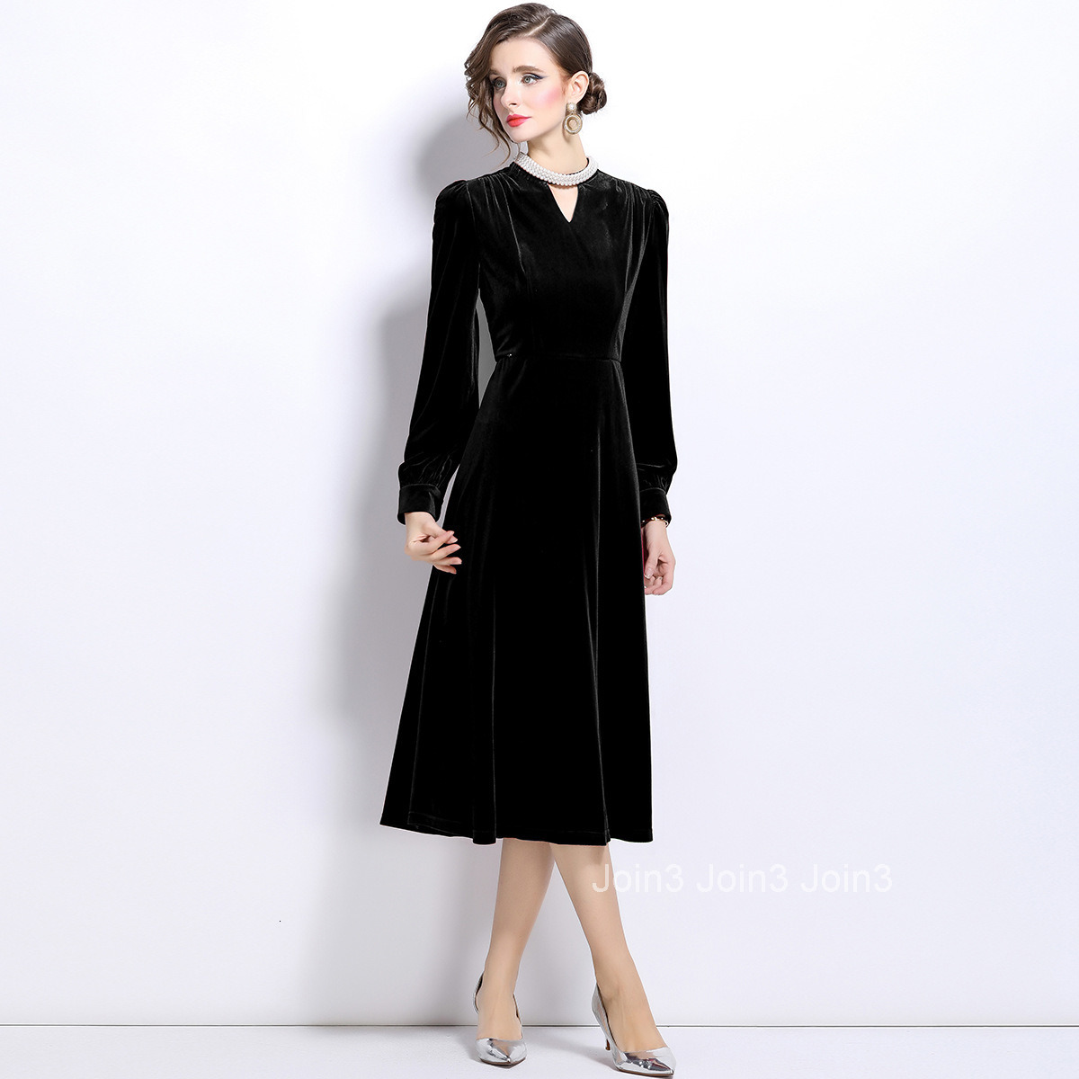 6999 Autumn/Winter New Womens Fashion Style Hanging Neck V-neck Hollow Velvet Long Dress