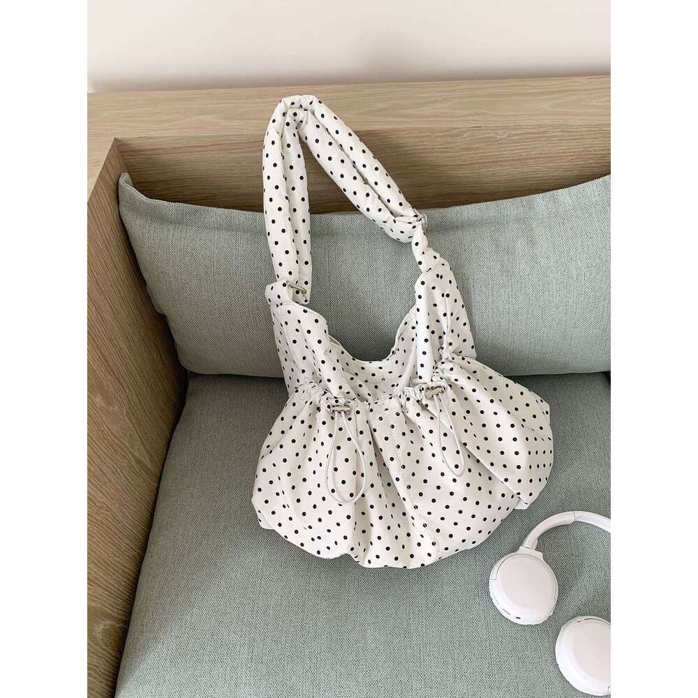 Korean Style Polka Dot Ruched Drawstring Crossbody for Women, Large Capacity Casual Commuter Bag, 2025 New Cloud Dumpling Bag