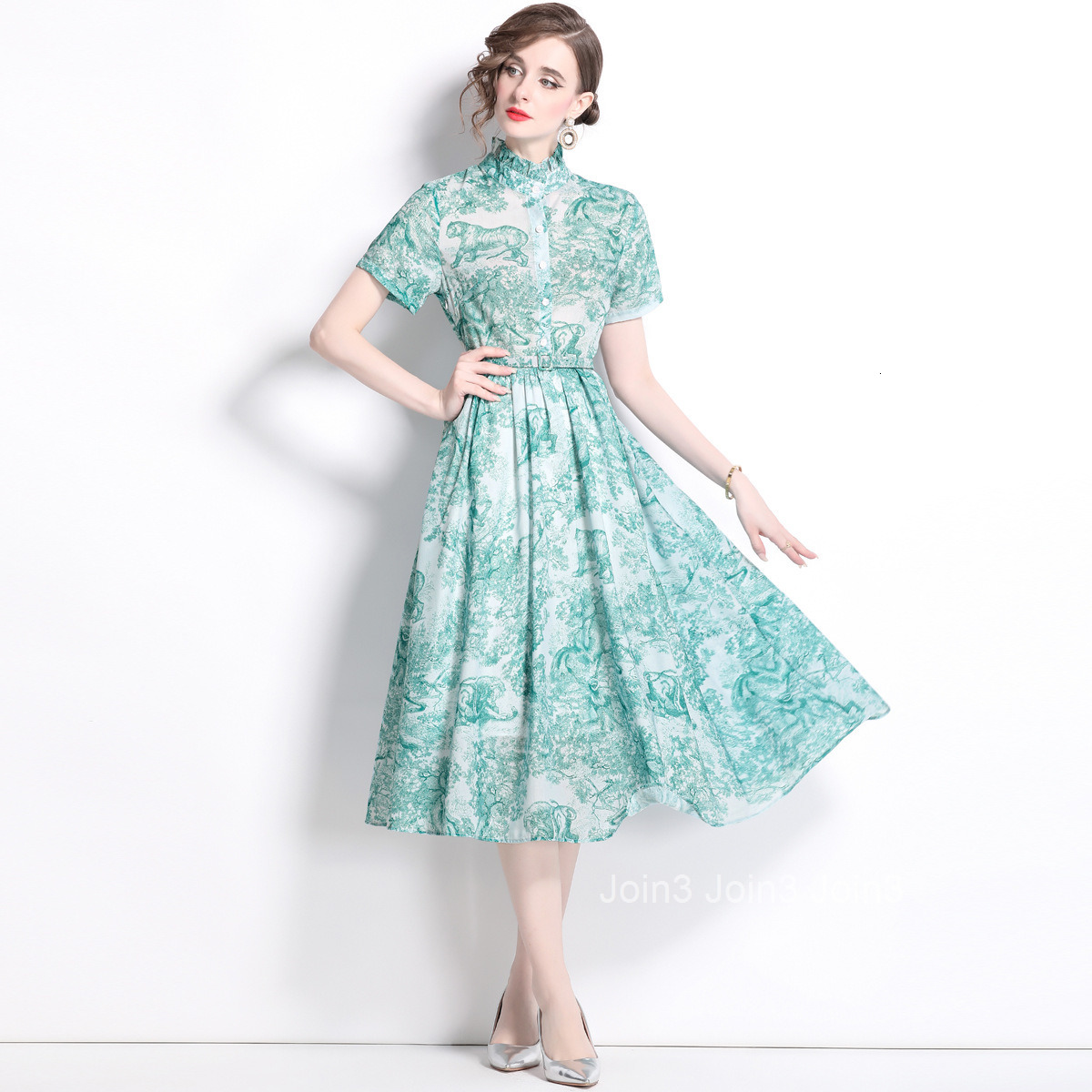 5829 Summer New Womens Blue and White Ink Wash Print Short Sleeve Slim Fit Mid-Length Dress with Lining