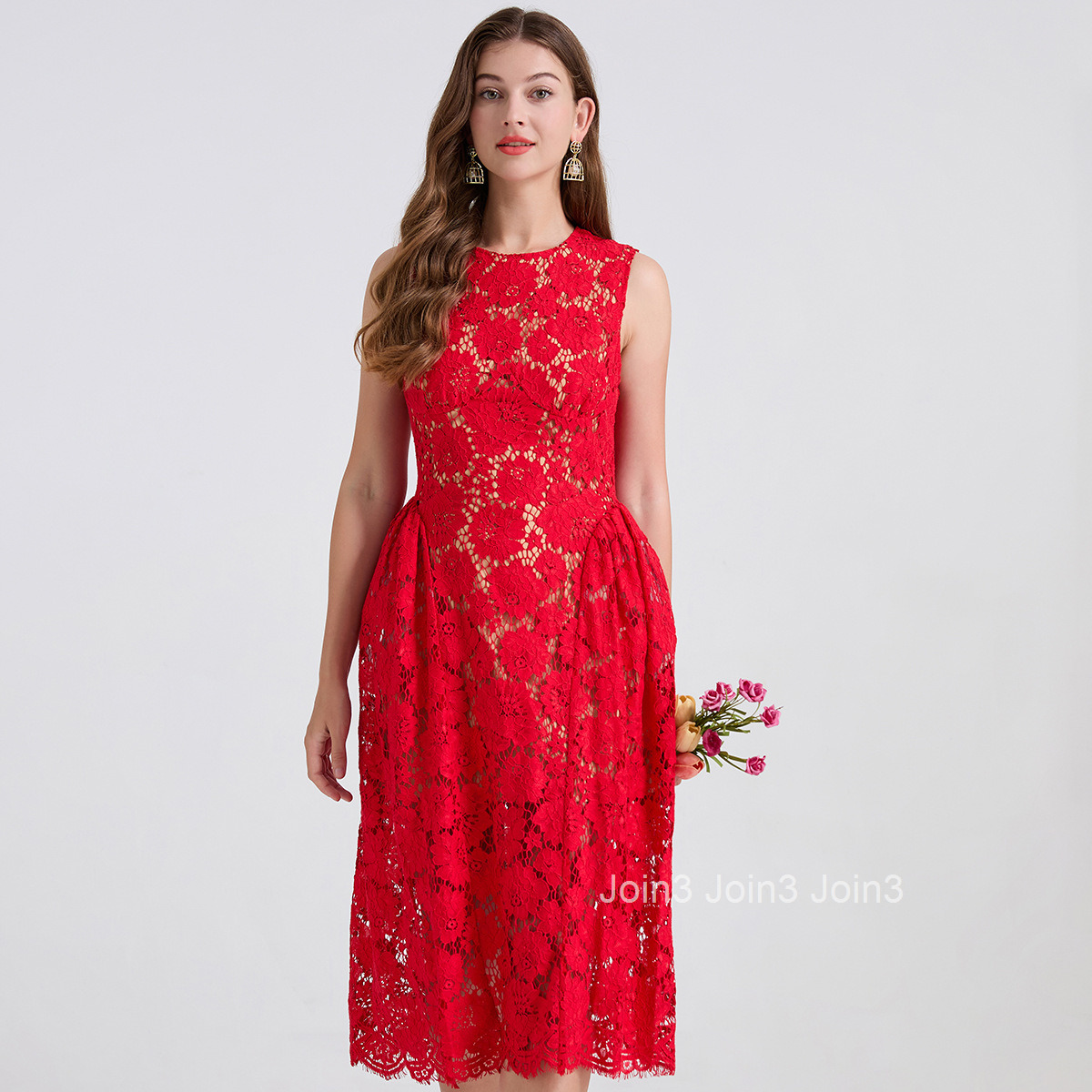 797 Lace Eyelash Puffy Vest Round Neck Dress Slim High Waist Dress