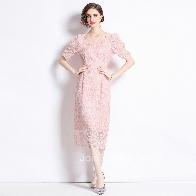 8561 Summer New Womens Fashion Square Neck Lace Embroidered Waist Slimming Elegant Dress