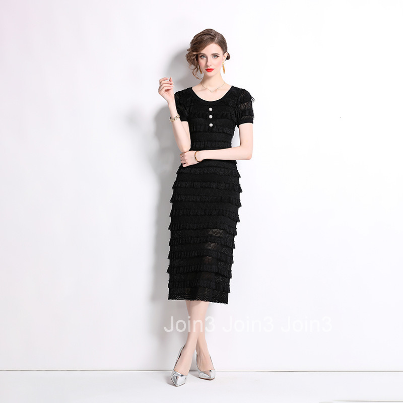 8021 Summer New Womens Round Neck Buttoned Elegant Layered Cake Dress Fashionable Dress
