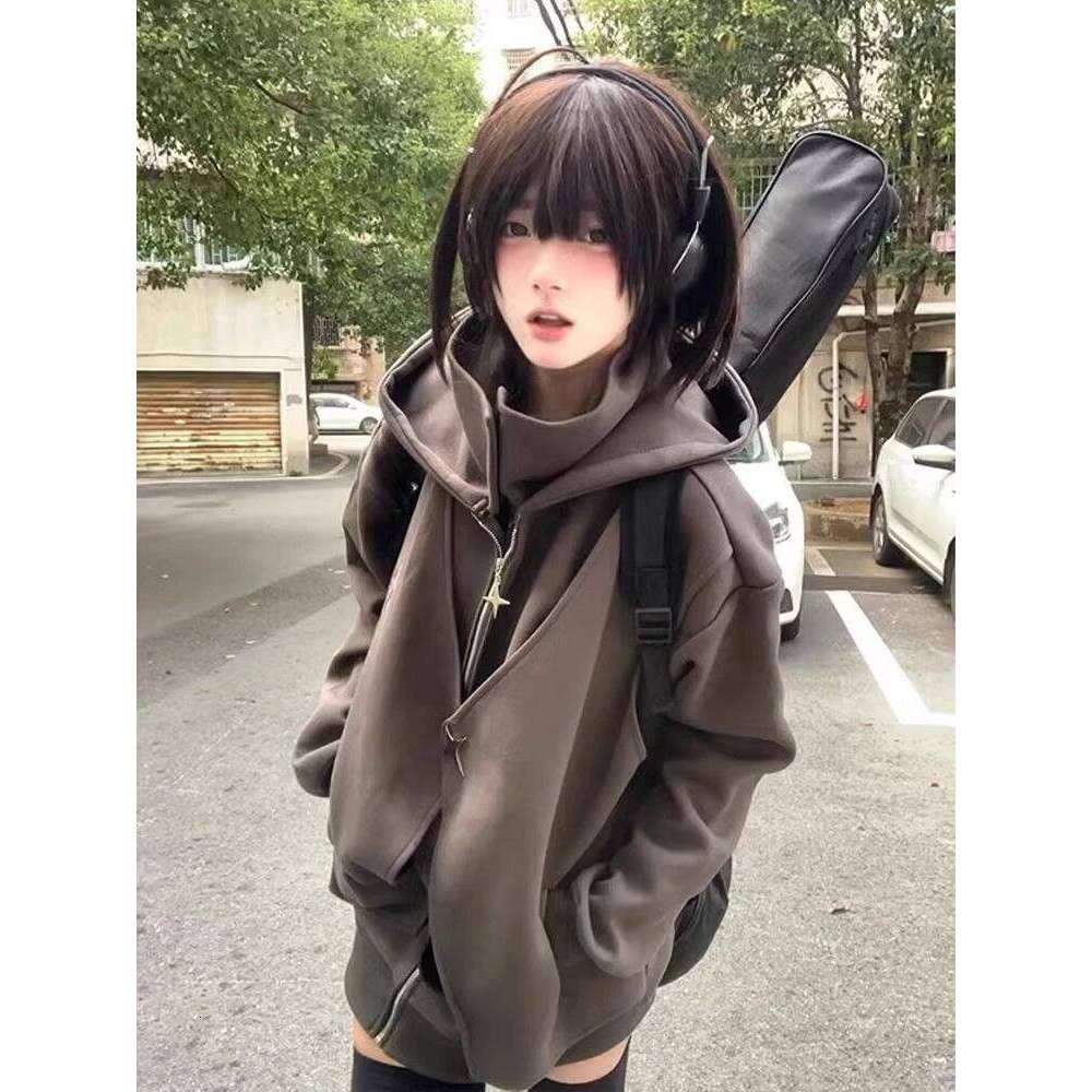 Fake Two Pieces Vintage Loose Zipper Sweatshirts Women Casual Streetwear Grunge Coats Y2k Aesthetic Oversized Stand Neck Hoodies
