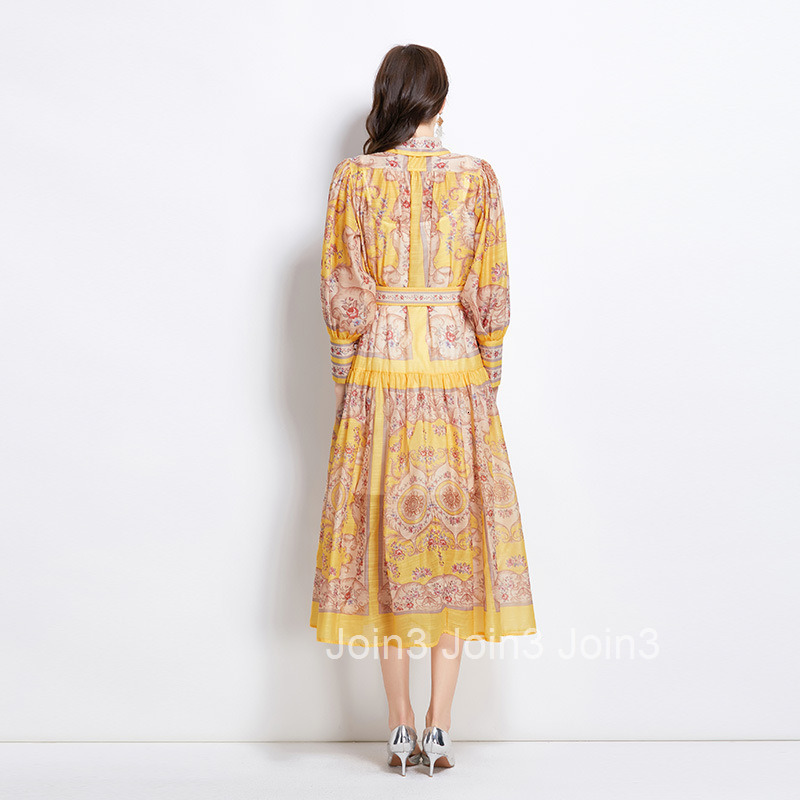 2757 Spring New Classical Court Style Printed Waist Cinched Single-Breasted Long Dress