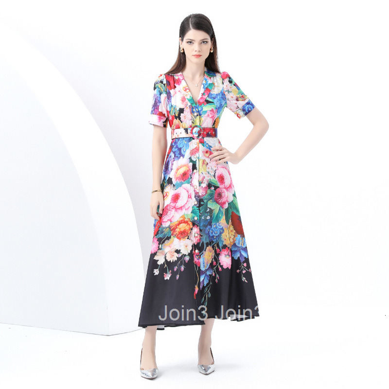 6073 Early Spring New Womens Vacation Style Suit Collar Short Sleeve Flared Printed Long Dress