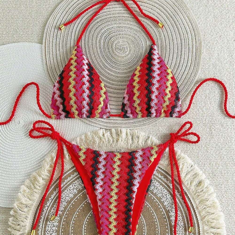 2025 New Knitted Rope Bikini Beach Women Two-Piece Tie Swimsuit